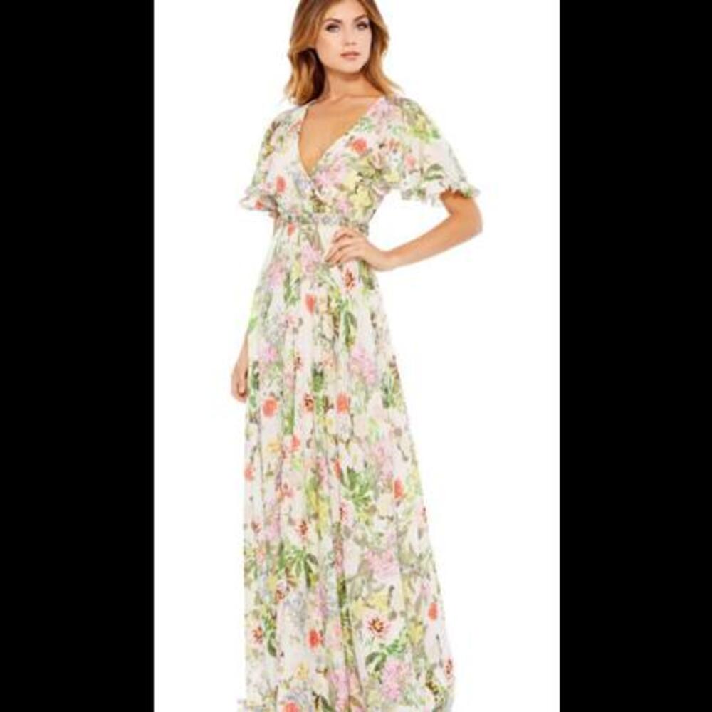 (7) Mac Duggal FLORAL PRINT FAUX WRAP GOWN MSRP $498, Sz 8